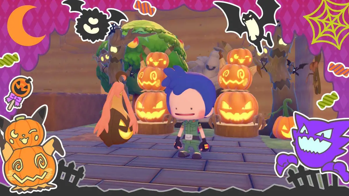 A Pokémon Pokopia screenshot showing the Trick or Treat photo frame