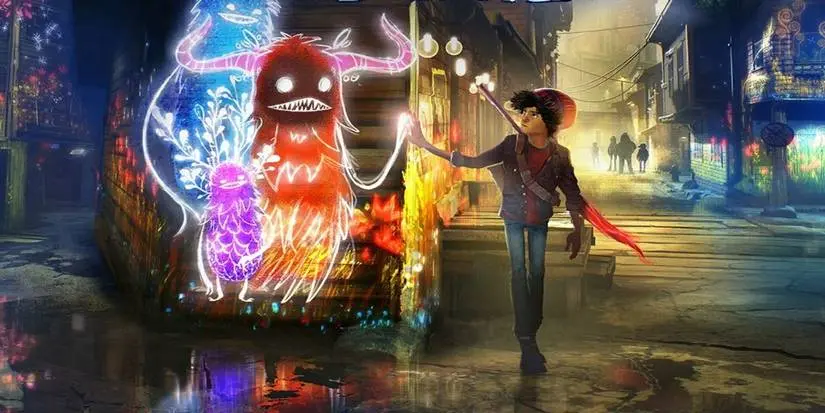 Concrete Genie showing the protagonist walking through the streets while touching his creations