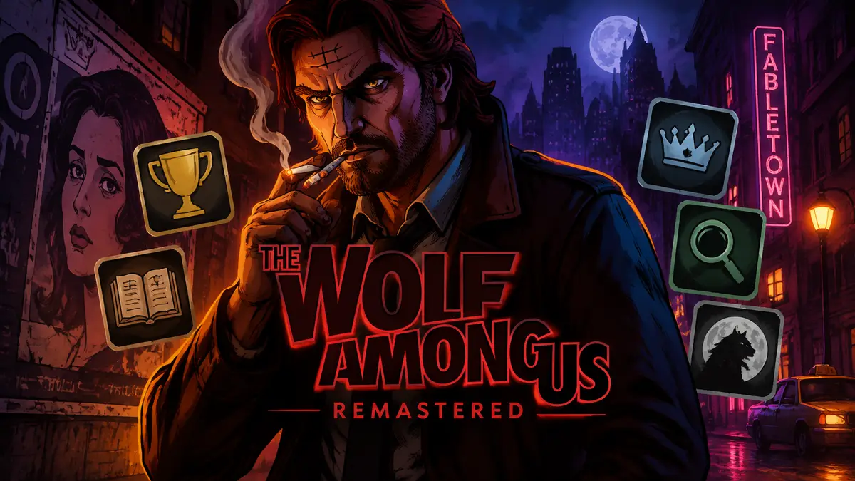 Бигби Вулф в плаще с сигаретой на ночной улице Фейблтауна, постер The Wolf Among Us Remastered и достижения