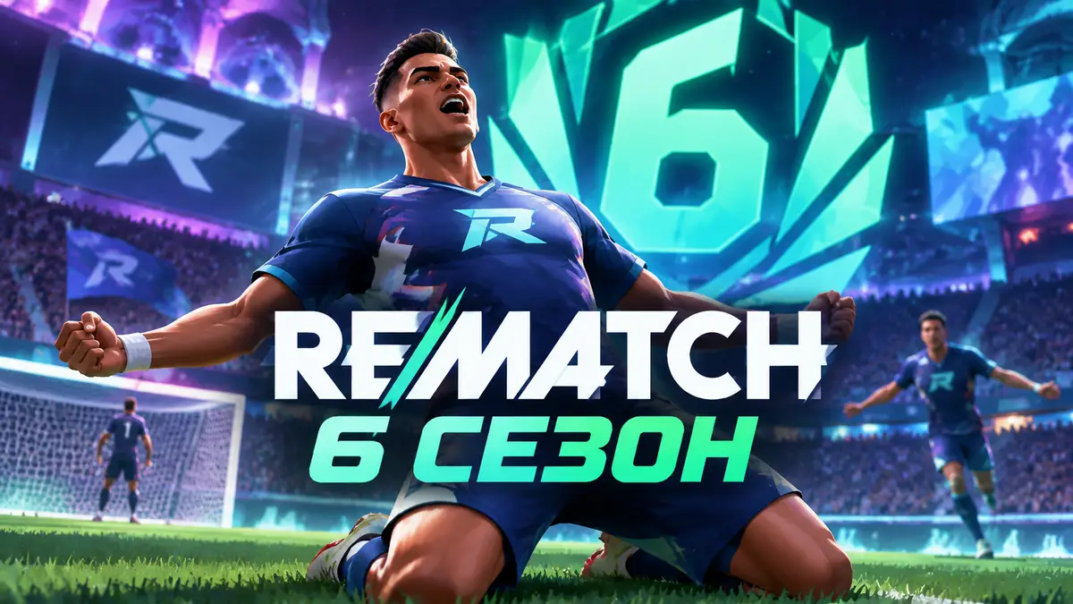 Футболист игры REMATCH празднует гол на неоновом стадионе на фоне эмблемы 6 сезона