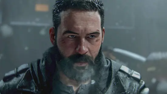 Modern Warfare 4 review: a bearded man with cuts on his face, his breath shoes as he exhales because of the temperature.