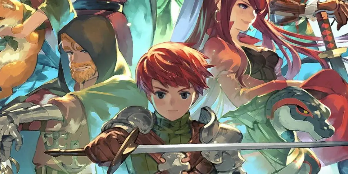 Key art shows the protagonist holding a sword in Chained Echoes with his supporting cast behind him.