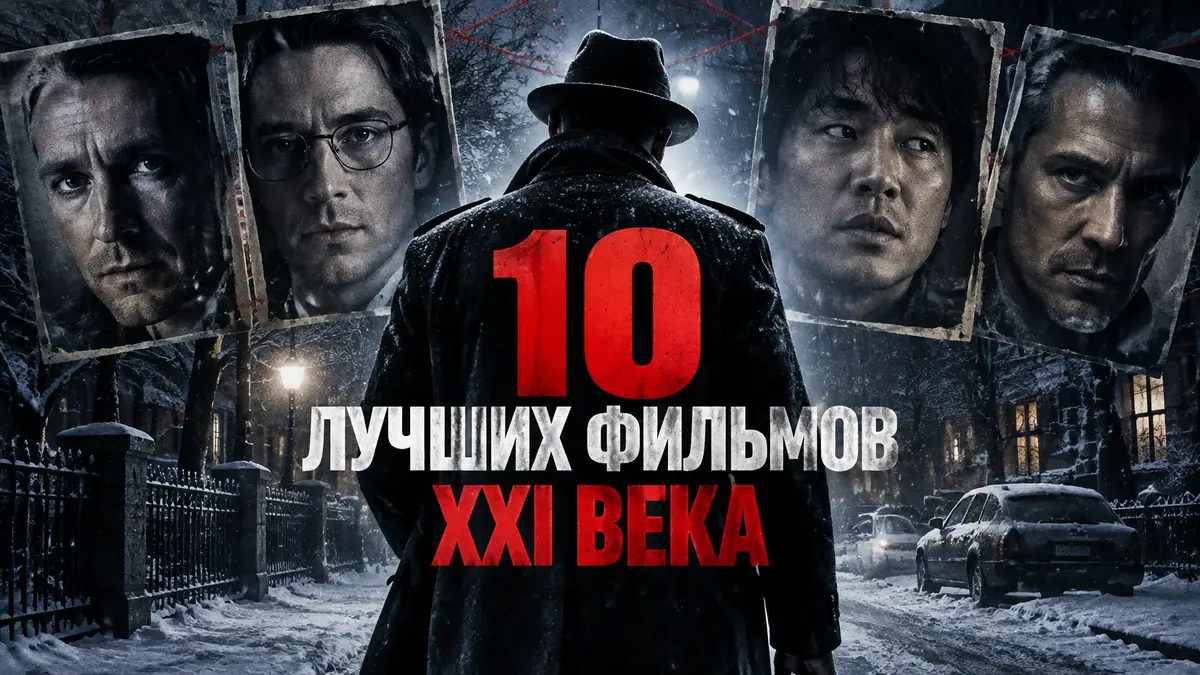 Силуэт детектива в плаще на заснеженной ночной улице, постер подборки фильмов о серийных убийцах
