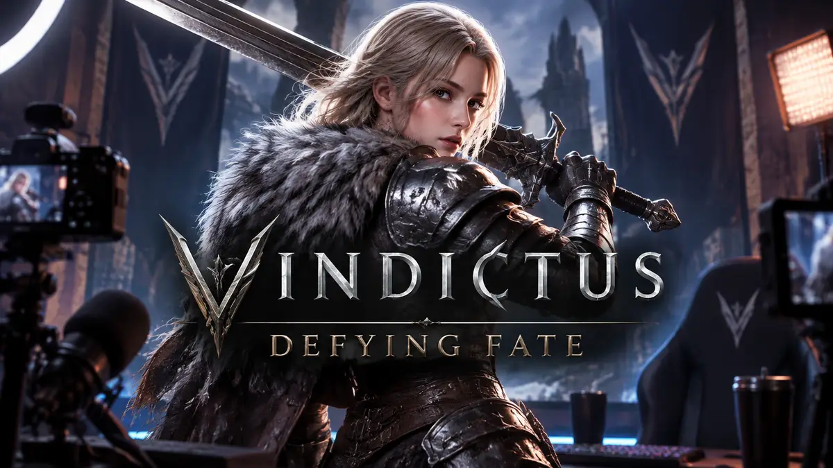 Воин из Vindictus: Defying Fate с мечом на фоне логотипа игры в окружении камер и стримерских огней