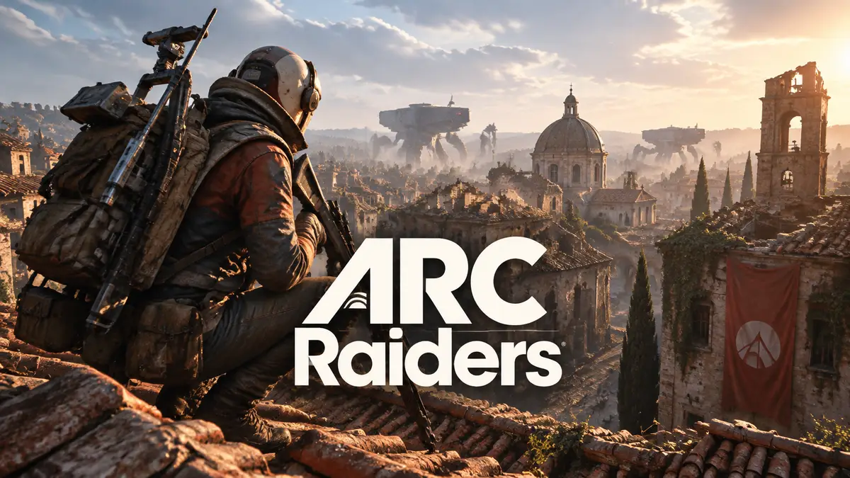 Рейдер ARC Raiders на крыше полуразрушенного итальянского города, вдали патрулируют машины ARC