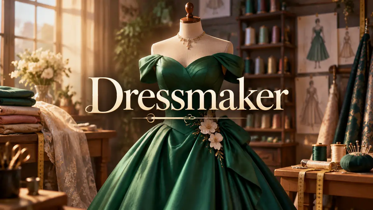 Нарядное платье на портновском манекене в уютной мастерской Dressmaker среди тканей и катушек ниток