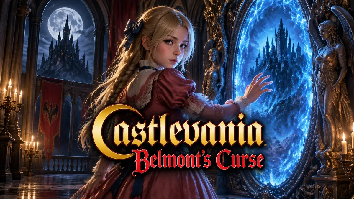 Роуз из Castlevania: Belmont's Curse у большого синего зеркала в готическом зале замка Дракулы, логотип игры