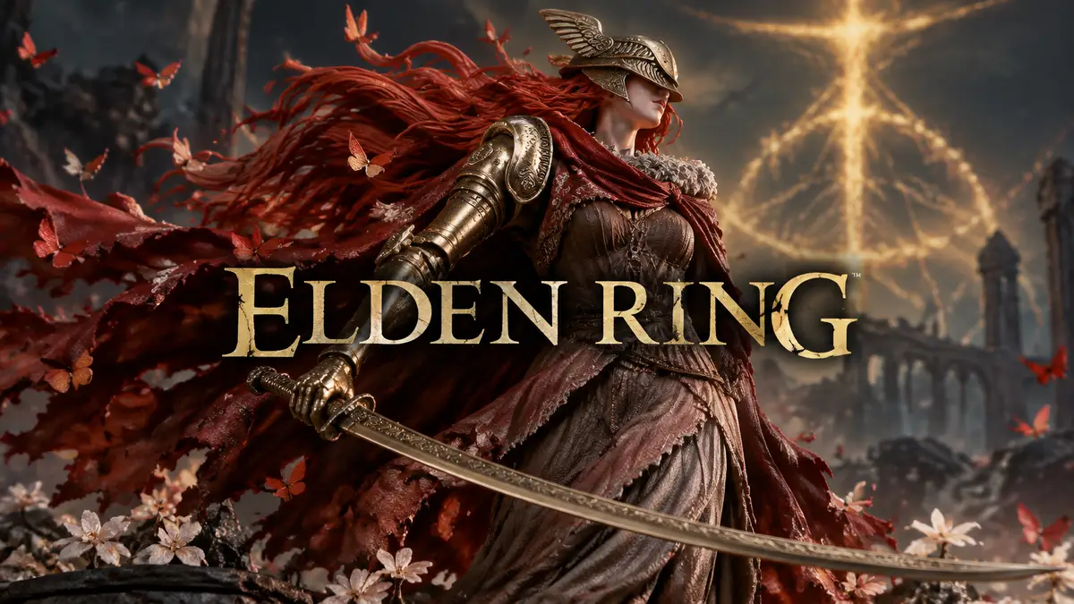 Маления из Elden Ring с рыжими волосами, протезом руки и мечом в алом плаще с бабочками, статуя