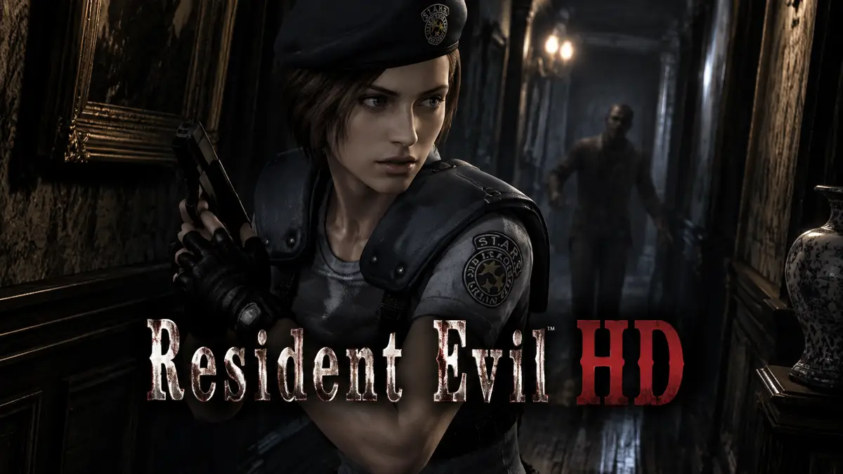 Джилл Валентайн в узком коридоре особняка Resident Evil, мрачные тени, зомби вдали, логотип игры