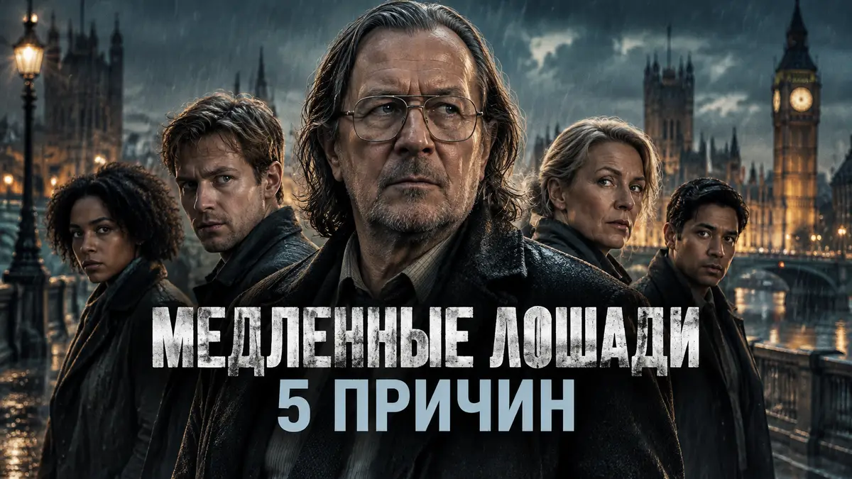 Джексон Лэмб и агенты Slough House на фоне дождливого Лондона, постер сериала «Медленные лошади»