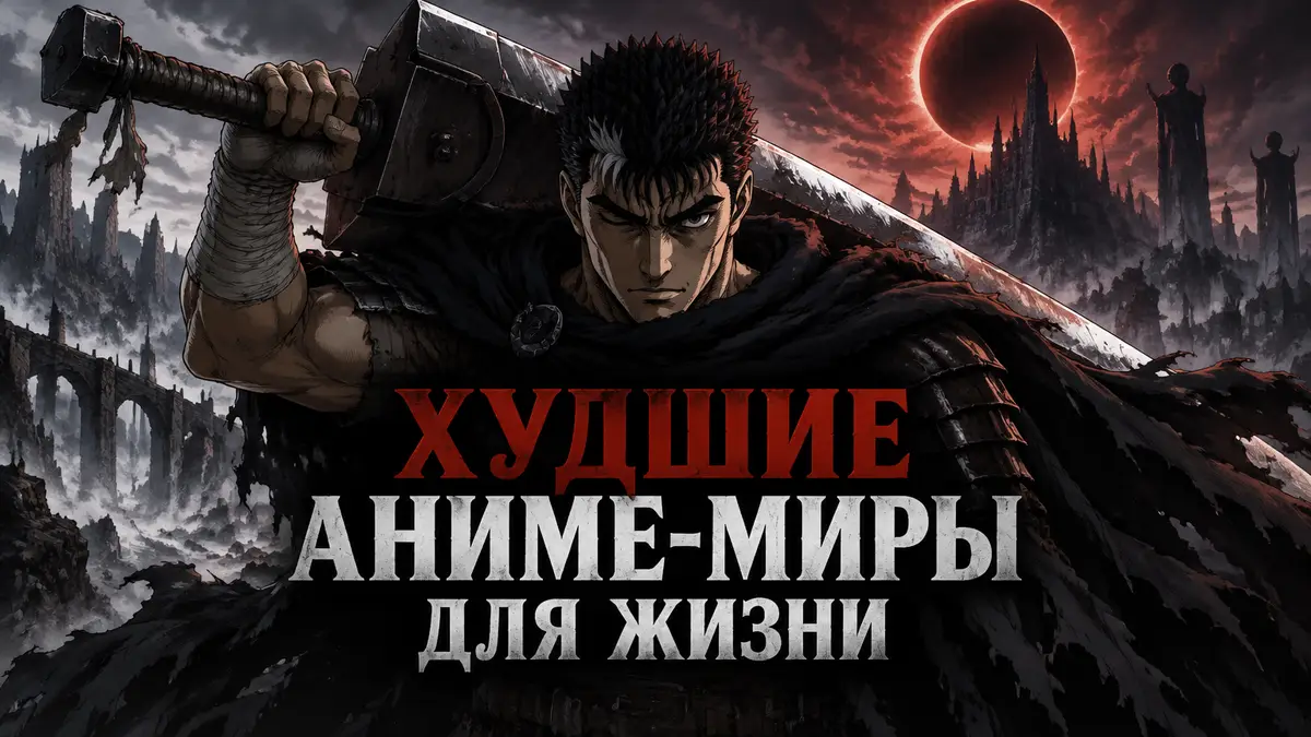 Гатс из аниме «Берсерк» с огромным мечом на фоне мрачного фэнтези-мира, худшие аниме-миры