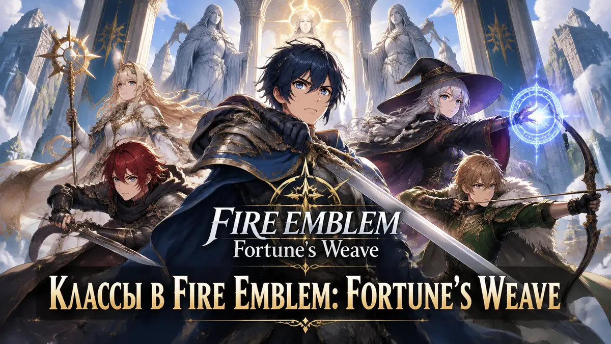 Герои Fire Emblem: Fortune's Weave в разных классах у храма богов с логотипом игры, гайд по классам