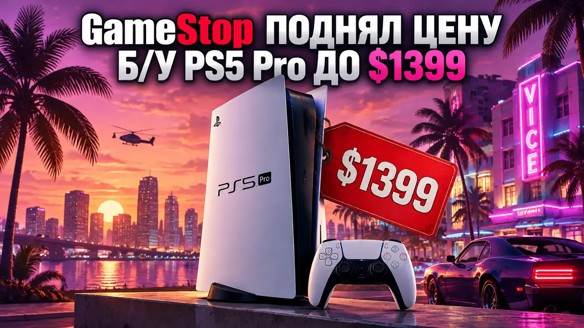 Консоль PS5 Pro в центре с ценником $1399 на фоне неонового Вайс-Сити в стиле постеров GTA 6