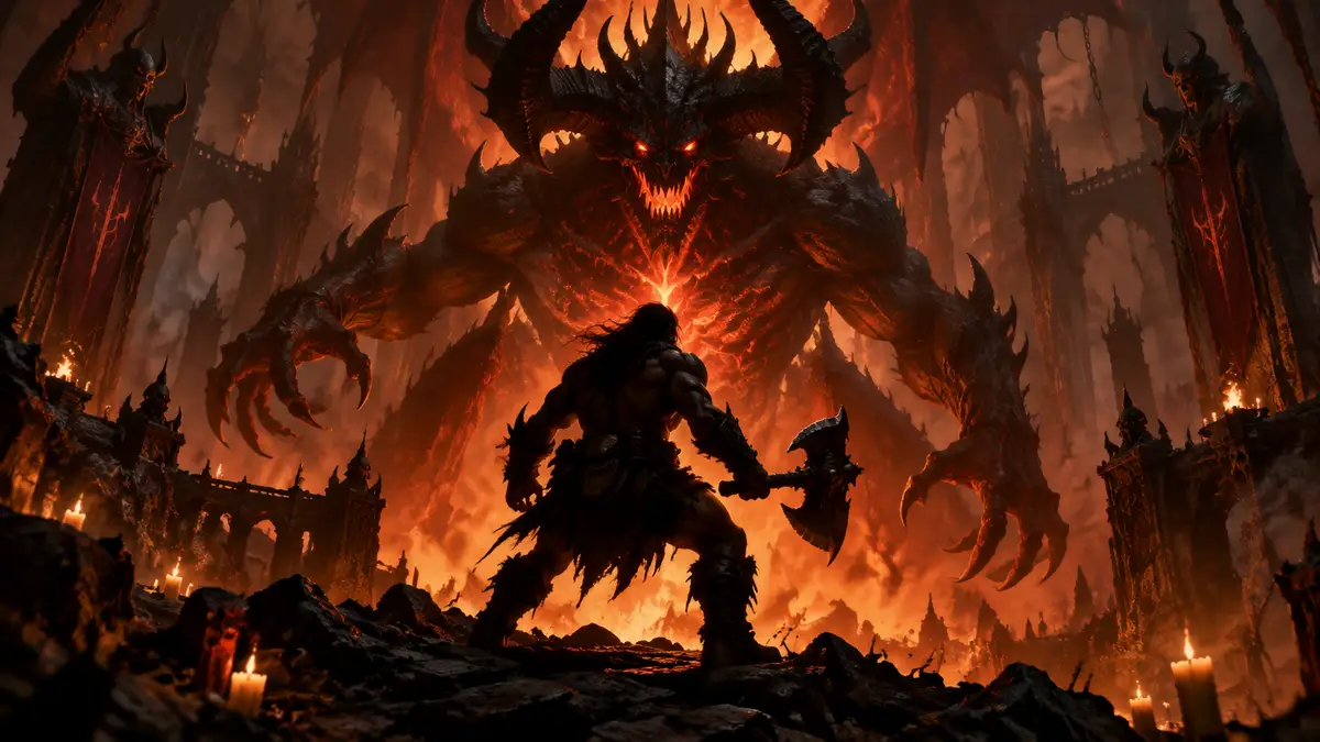 Варвар из Diablo: Unbound с топором против демонического босса в мрачном подземелье Санктуария, логотип