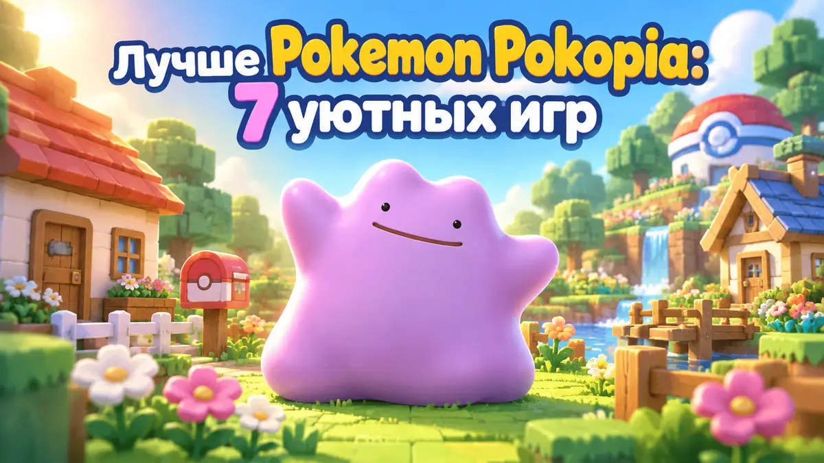Покемон Ditto в центре уютной деревни в стиле Pokemon Pokopia, вокруг цветы, домики и солнечный свет