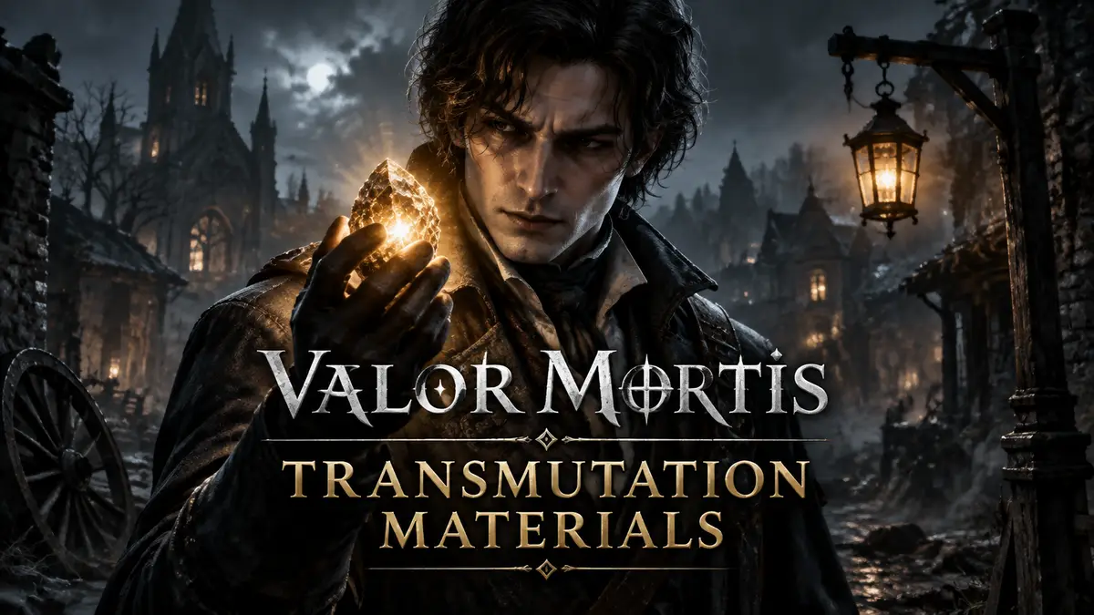 Уильям из Valor Mortis держит светящийся Transmutation Material на фоне мрачной деревни и фонаря