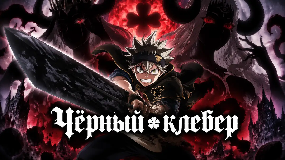 Аста с мечом на фоне темных силуэтов верховных демонов из Black Clover
