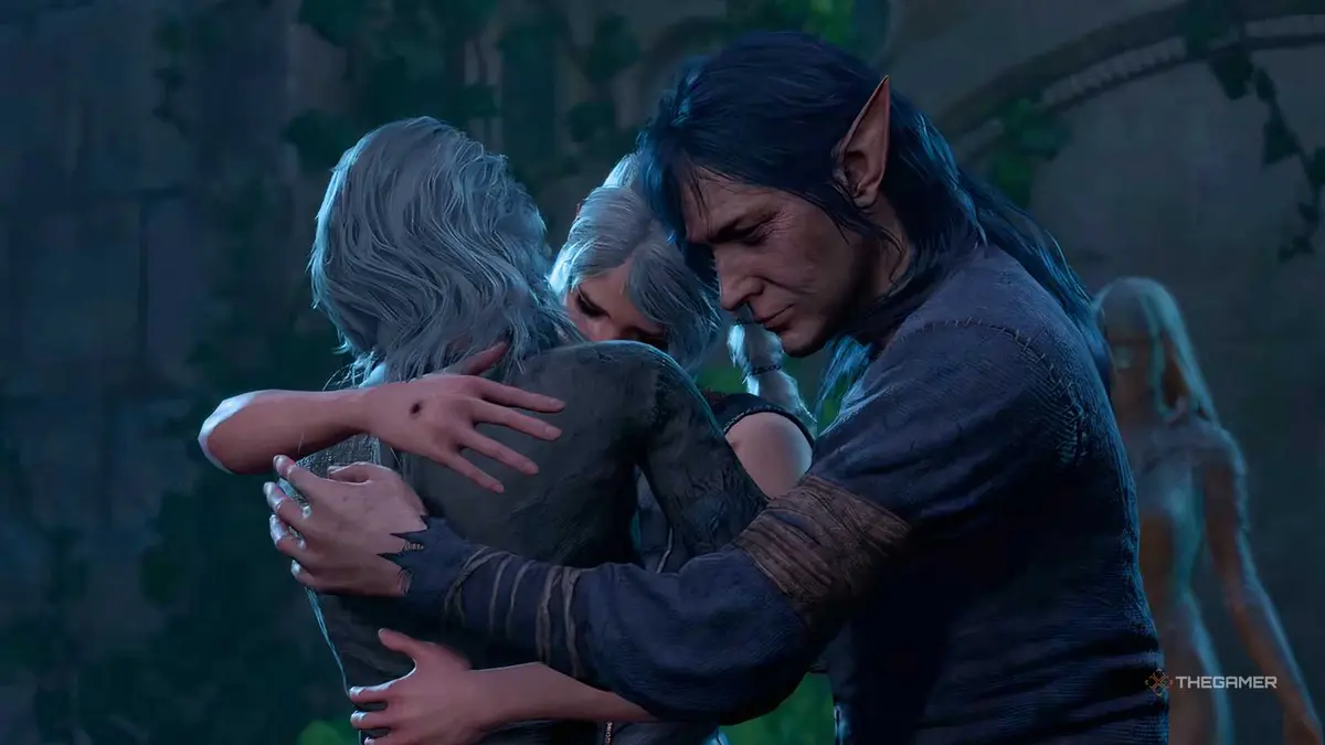 Shadowheart hugging her parents in Baldur's Gate 3.