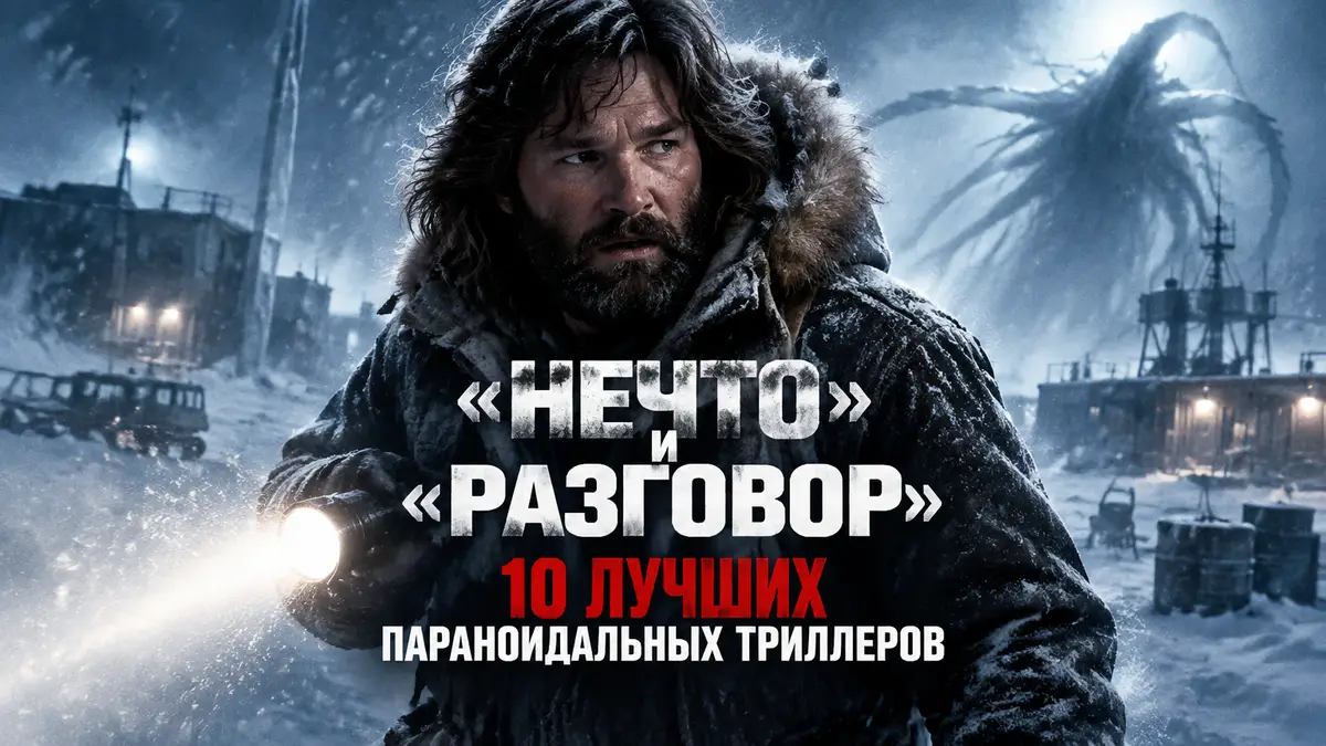 Курт Рассел в роли Макреди в куртке среди снежной антарктической станции, постер триллера «Нечто»