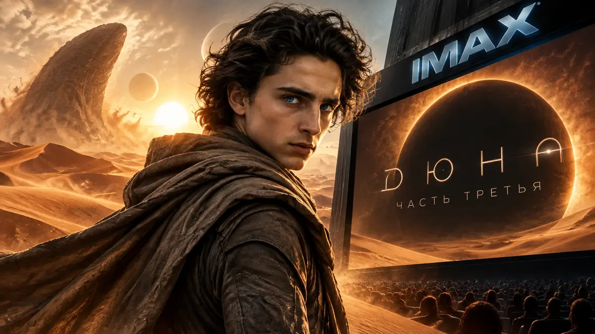 Пол Атрейдес на фоне пустыни Арракиса и огромного IMAX-экрана, постер «Дюна. Часть третья»
