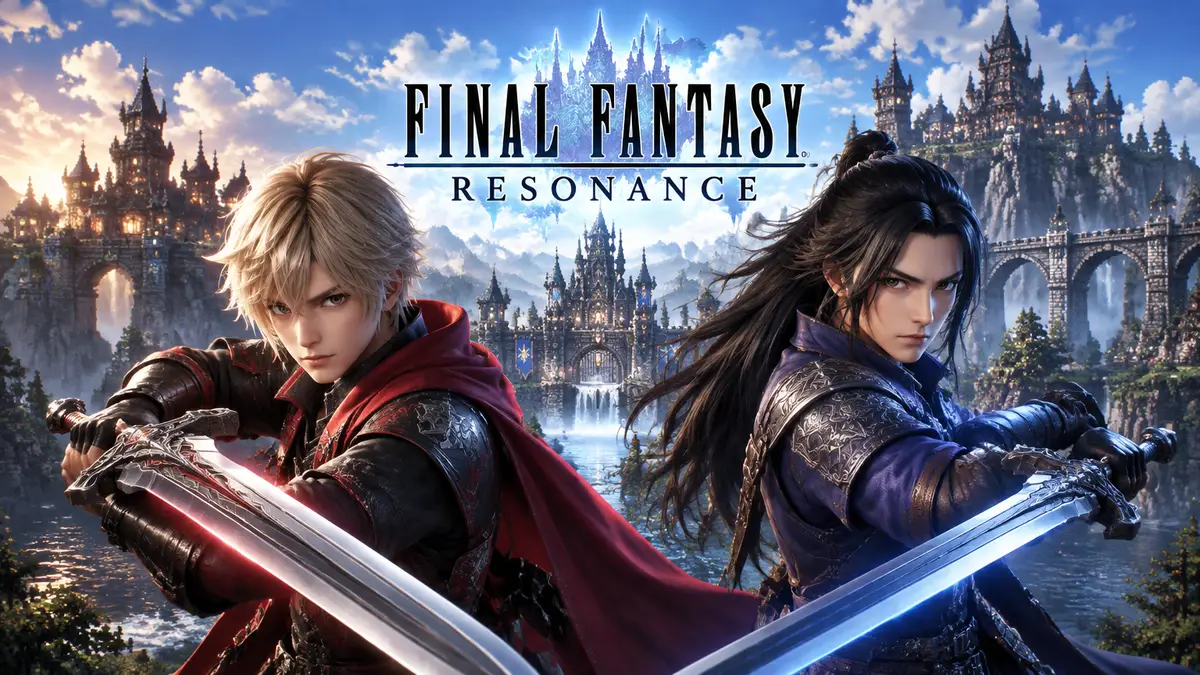 Рейн и Ласвелл с мечами на фоне пиксельного HD-2D замка, логотип Final Fantasy Resonance сверху