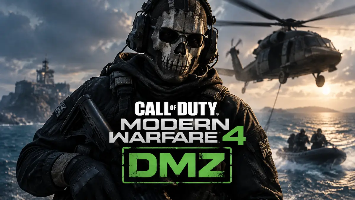 Гоуст в маске-черепе на фоне вертолёта над морем, логотип Call of Duty Modern Warfare 4 DMZ
