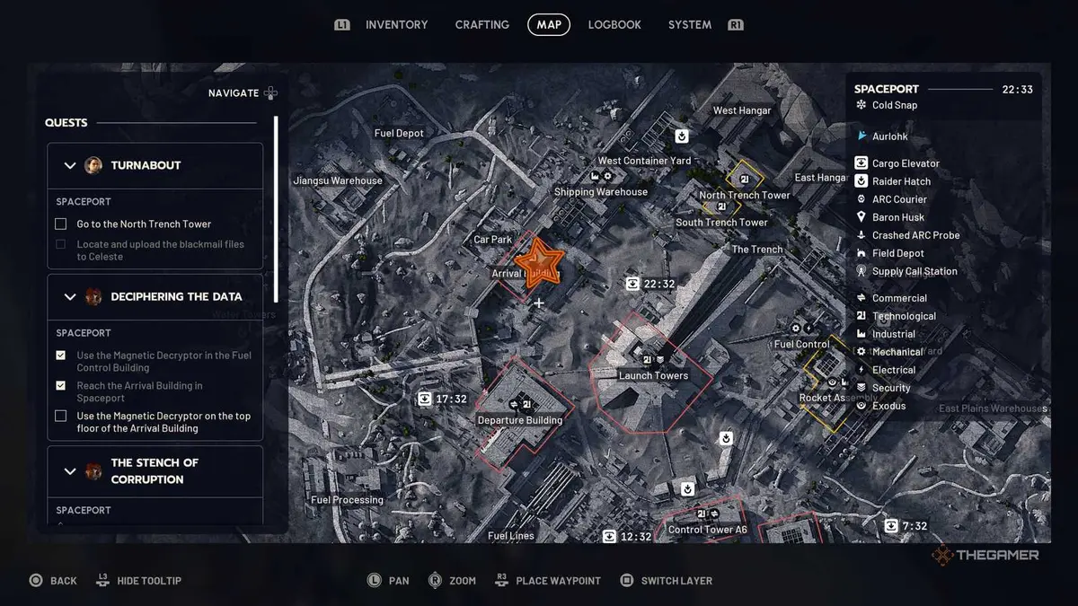 Close up of the map of Spaceport with an orange star edited onto the Arrival Building in Arc Raiders.