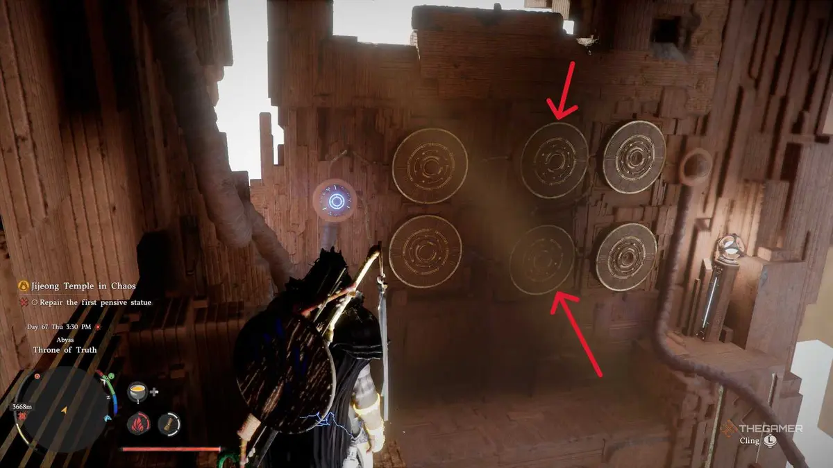 A player solving the Throne of Truth abyss puzzle in Crimson Desert.