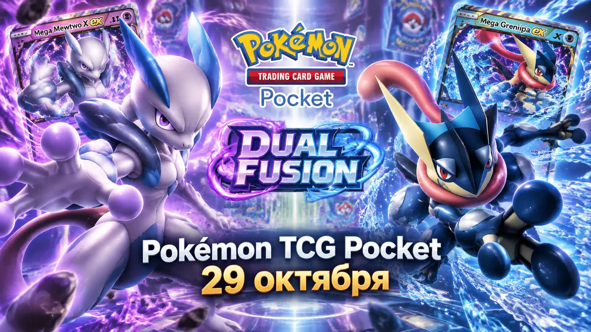 Mega Mewtwo X и Mega Greninja в динамичных позах на фоне сияющих карт Pokémon TCG Pocket Dual Fusion