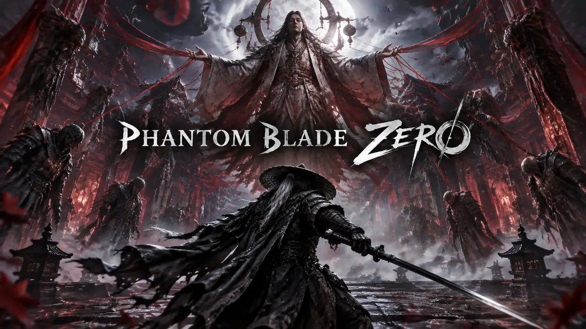 Целитель Xie Qiudong парит над ареной с красными нитями, внизу воин Soul с мечом, Phantom Blade Zero