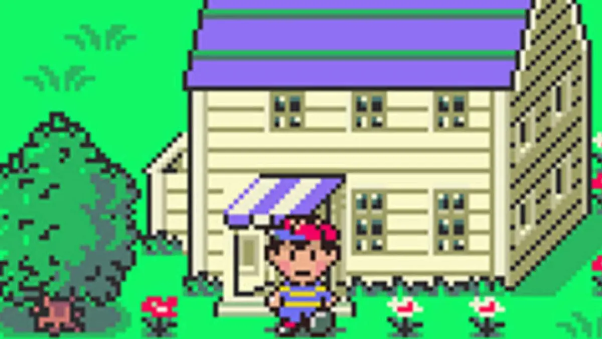 A screenshot of Earthbound showing Ness standing in front of a house during his adventure