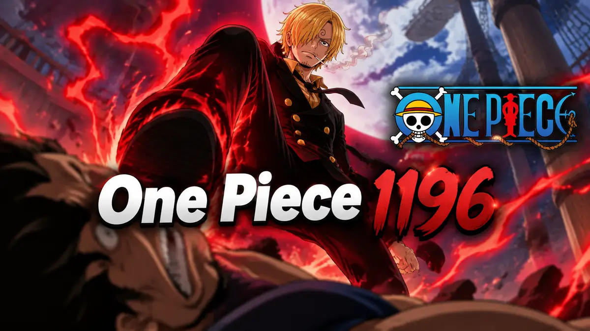 Санджи из One Piece в чёрном костюме с сигаретой парит над противником, вокруг алая аура воли, логотип манги