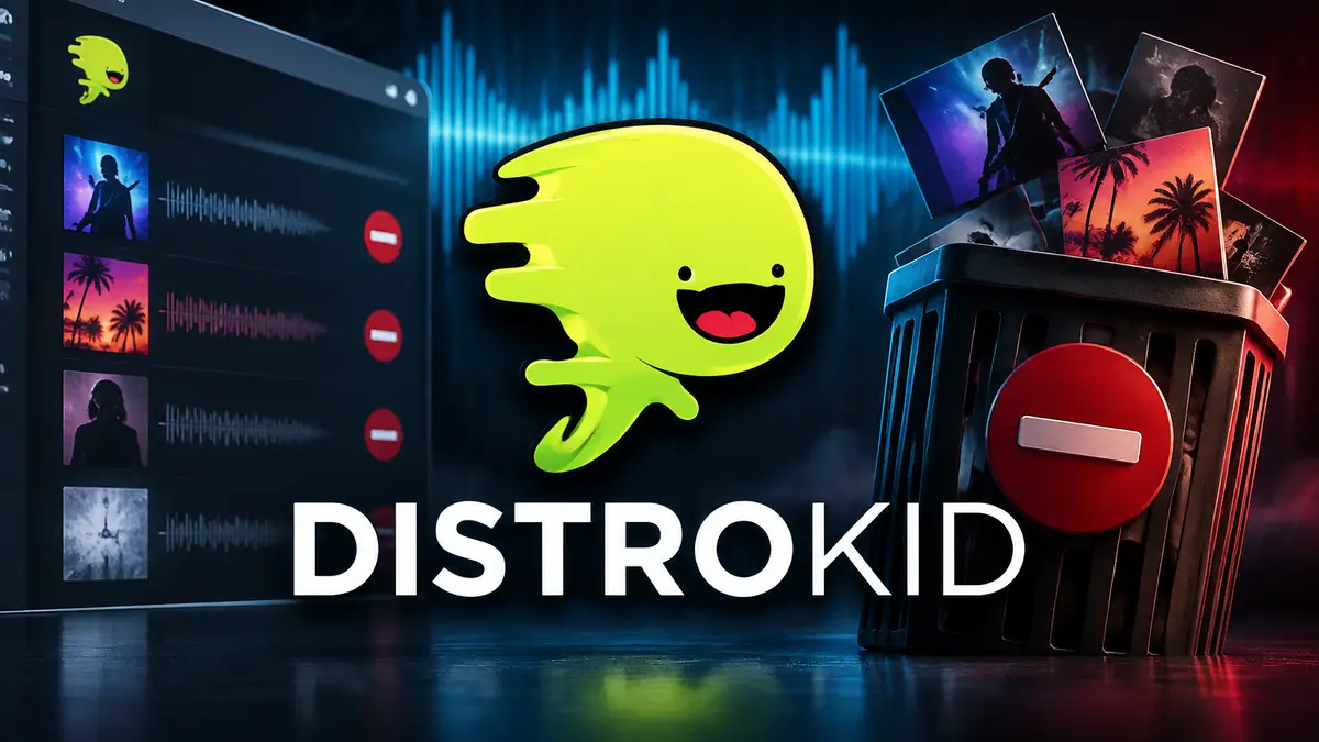 Логотип сервиса DistroKid на фоне цифровых аудиоволн и интерфейса платформы