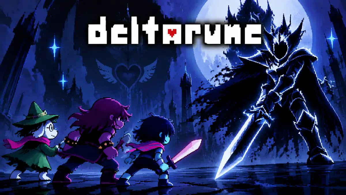 Рокочущий рыцарь из Deltarune с клинком против Криса, Сьюзи и Ралзея, пиксельный key art