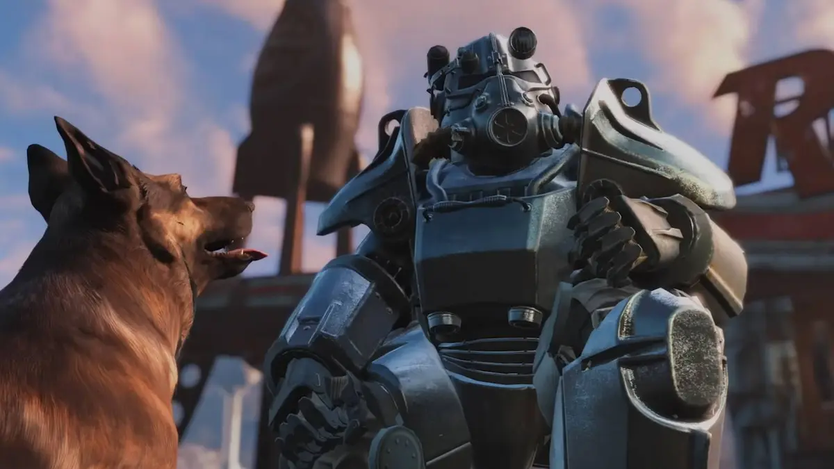 Fallout 4 character in Power Armor next to Dogmeat