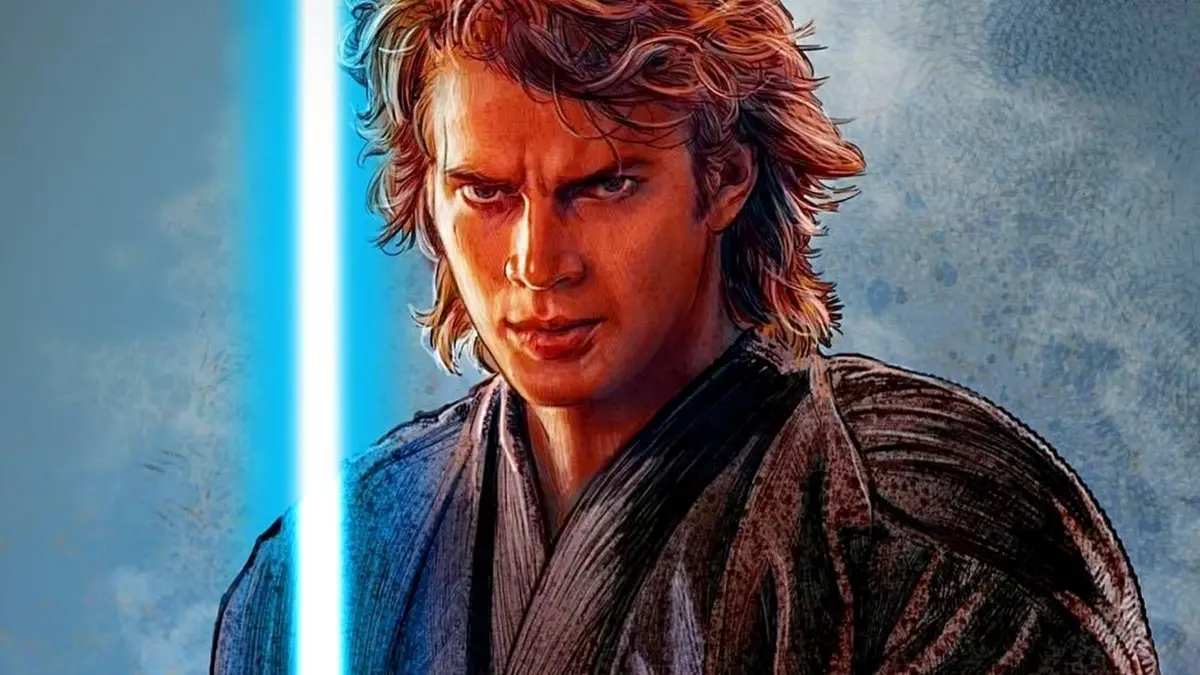 Anakin Skywalker wields a blue lightsaber in Star Wars art