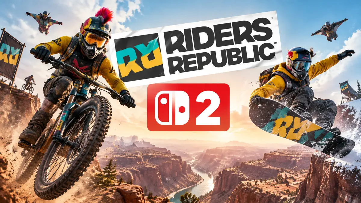 Райдеры Riders Republic на велосипеде и сноуборде мчатся над каньоном на фоне логотипа игры и Switch 2
