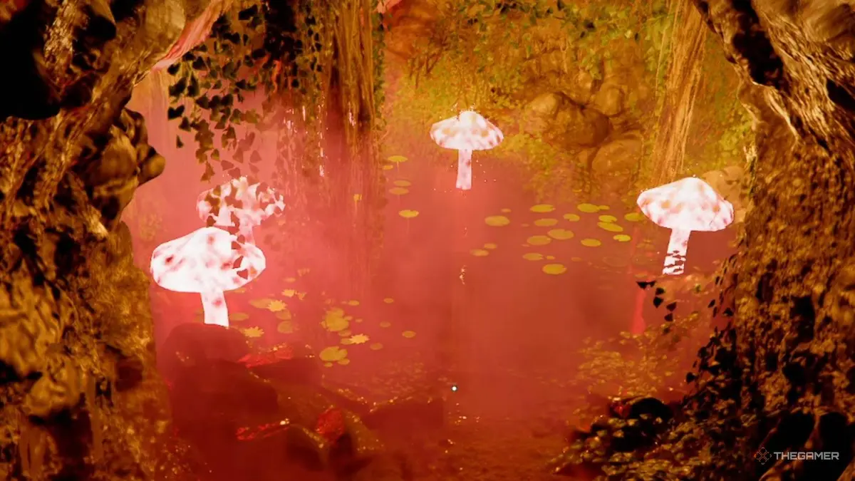 Crimson Desert cave with mysterious pine mushroom for young monk.