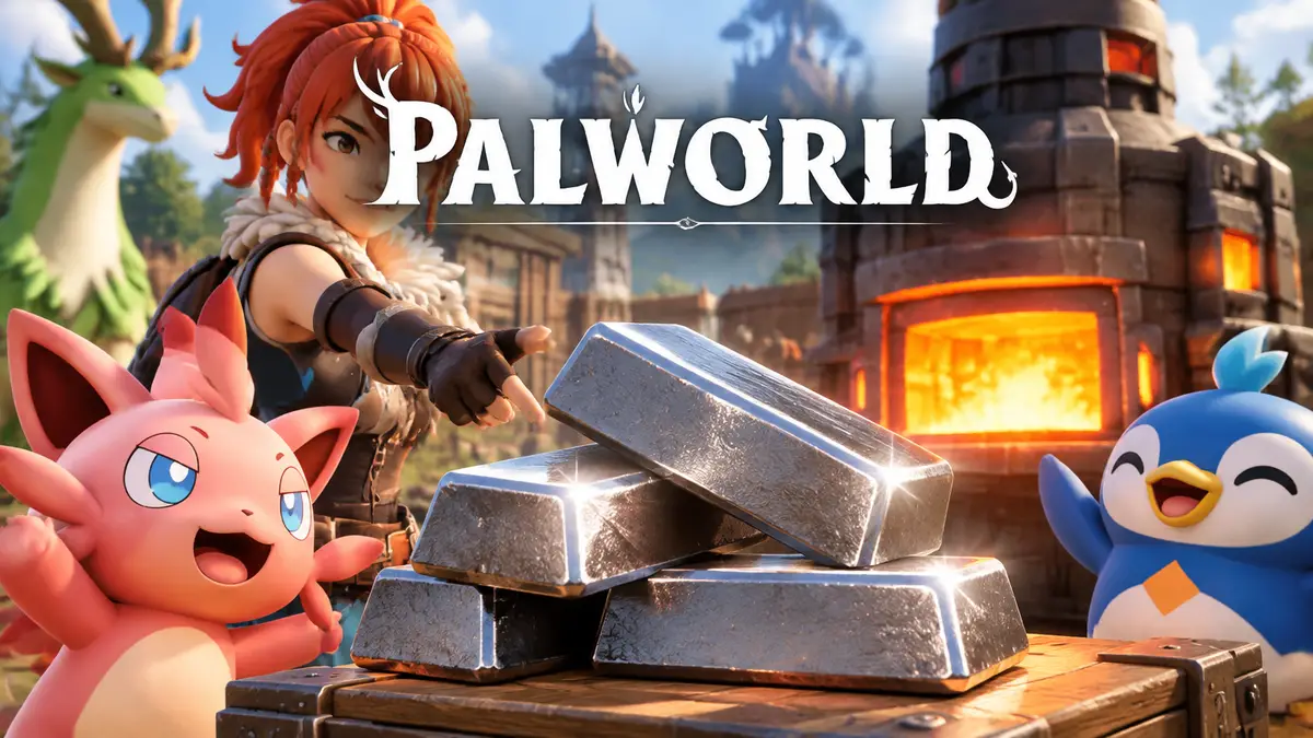 Рафинированный металл в Palworld: блестящие слитки у пылающей улучшенной печи в ярком стиле игры