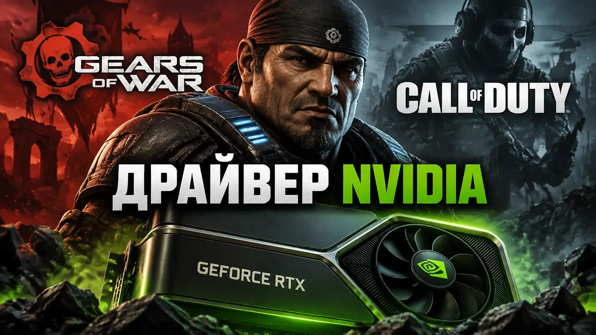 Маркус Феникс в бандане на фоне видеокарты Nvidia GeForce RTX и логотипов Gears of War и Call of Duty