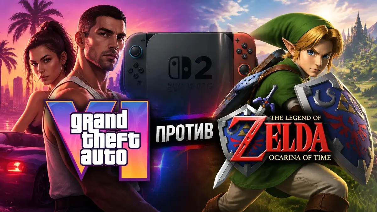 Логотипы GTA 6 и Zelda Ocarina of Time на фоне консоли Nintendo Switch 2