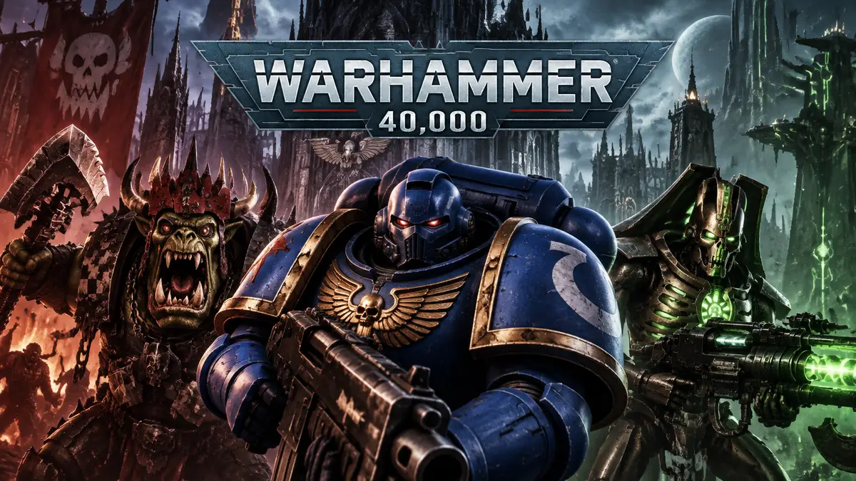 Космодесантник, орк-варбосс и некрон на фоне логотипа Warhammer 40,000, мрачный готический стиль