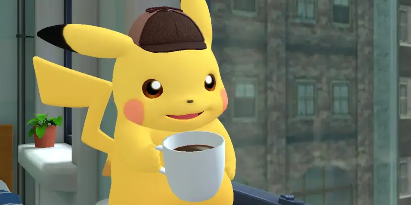 Detective Pikachu holding a cup of coffee and smiling in 'Detective Pikachu Returns'