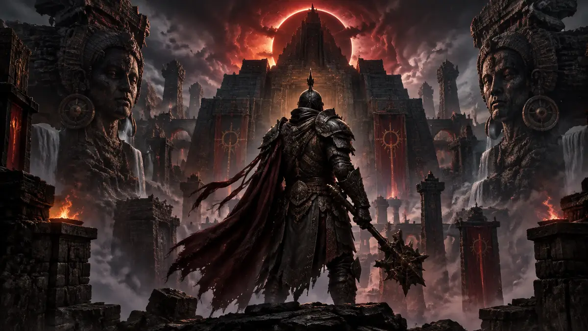 Воин Path of Exile 2 в тёмных доспехах на фоне древнего храма Vaal, мрачный стиль и логотип игры