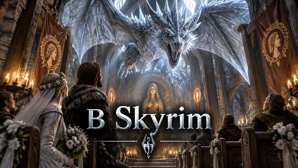 Морозный дракон из Skyrim висит под сводами Храма Мары над свадебными скамьями, в стиле key art