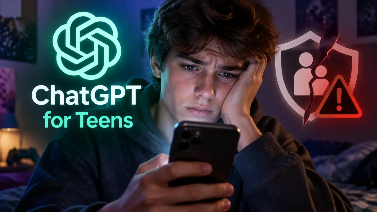 Логотип ChatGPT for Teens над смартфоном в руках подростка, рядом тревожный значок родительского контроля