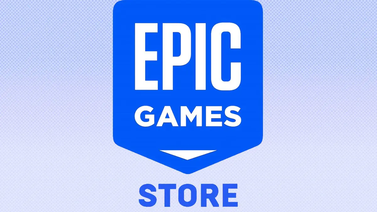 Blue Epic Games Store logo centered on a light blue halftone-patterned background.