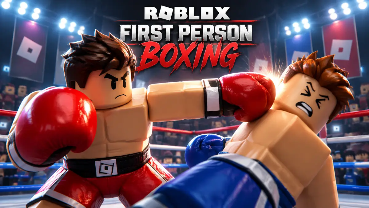 Боксёр из Roblox First Person Boxing наносит мощный удар сопернику на ринге под яркими прожекторами