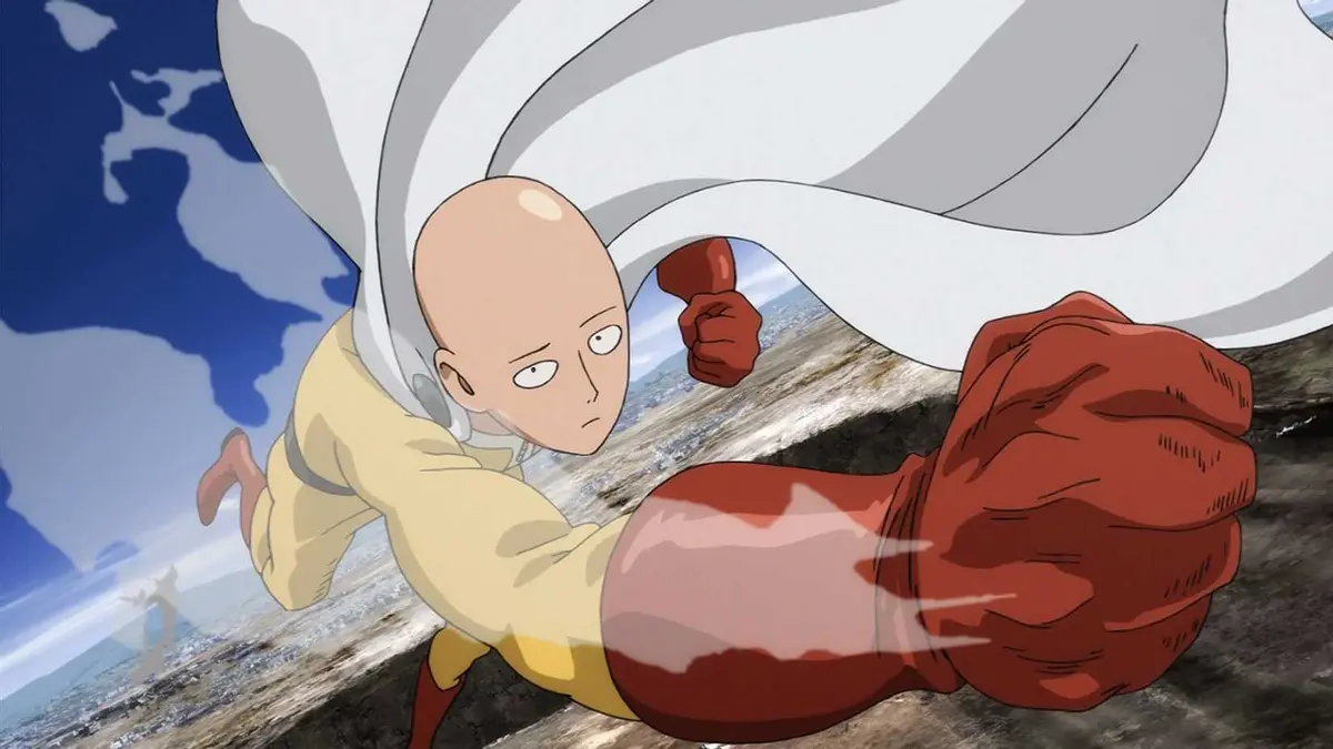 Saitama flying through the sky in One-Punch Man