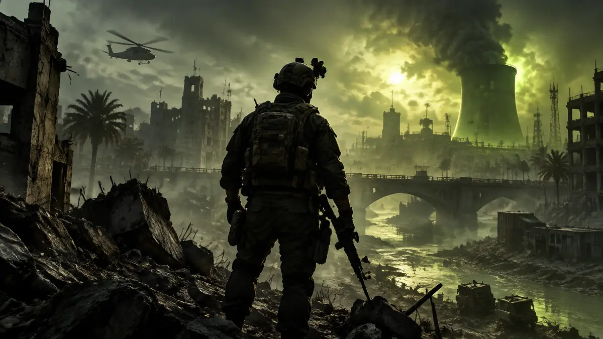 Боец спецназа на фоне радиоактивных руин карты Хаджин в Call of Duty Modern Warfare 4
